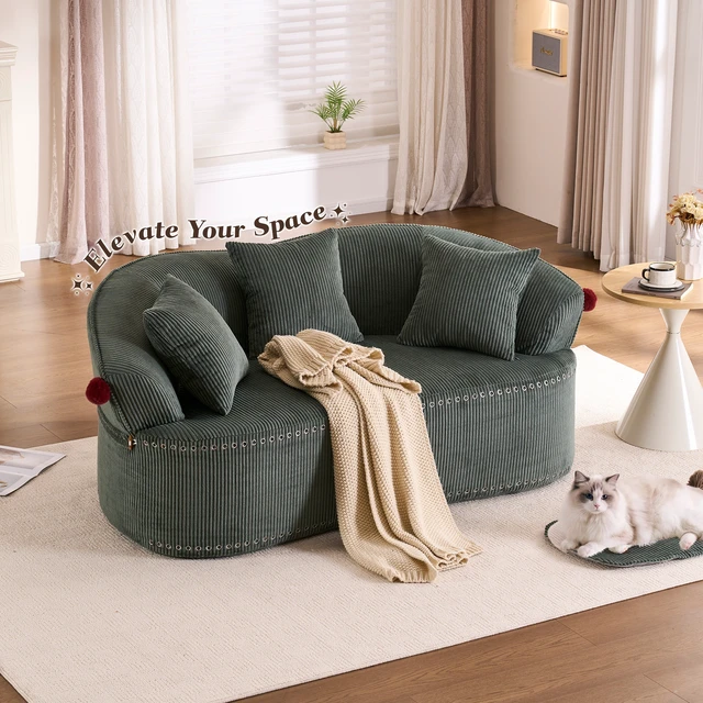 Alt view image 6 of 7 - 68.9'' Curved boneless Loveseat Sofa for Living Room, Vintage Couch Corduroy Sofa for Small Spaces, Apartment, Chesterfield Sofa, Free Pet Mat, No Assembly, 3 Pillows,Misty Green
