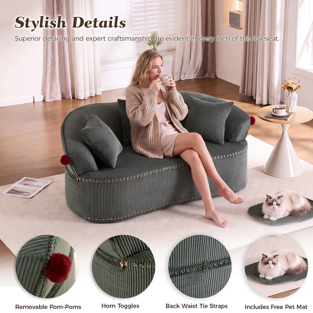 Alt view image 5 of 7 - 68.9'' Curved boneless Loveseat Sofa for Living Room, Vintage Couch Corduroy Sofa for Small Spaces, Apartment, Chesterfield Sofa, Free Pet Mat, No Assembly, 3 Pillows,Misty Green