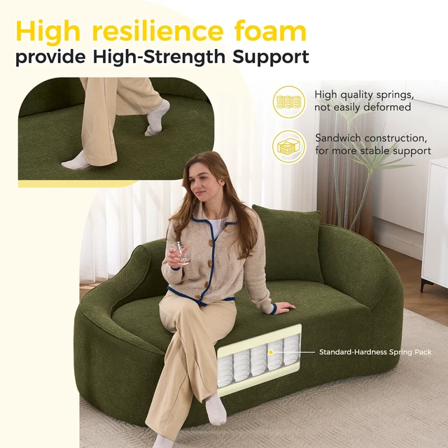 Alt view image 4 of 7 - Old Sku: W2231P401728 Compression Curved Chaise Longue Chair Indoor, Modern Chenille Couch with Deep Seat Sofa Bed with 1 Pillow, Sleeper Sofa Couch for Living Room, Bedroom, Apartment, Green