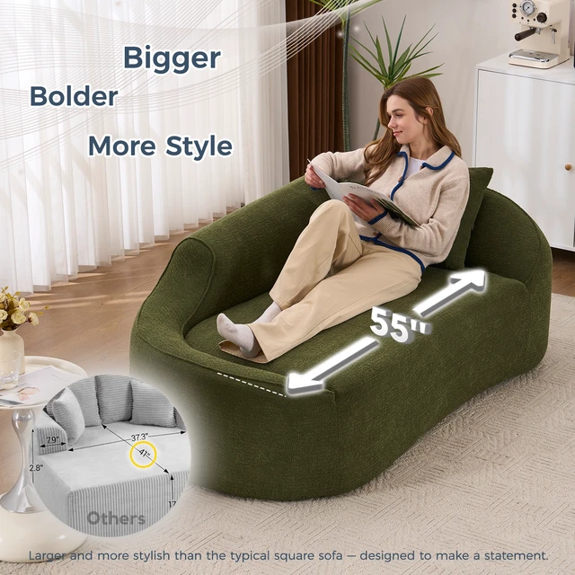 Alt view image 6 of 7 - Old Sku: W2231P401728 Compression Curved Chaise Longue Chair Indoor, Modern Chenille Couch with Deep Seat Sofa Bed with 1 Pillow, Sleeper Sofa Couch for Living Room, Bedroom, Apartment, Green
