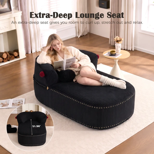 Alt view image 4 of 7 - Chaise Lounge Chair with 2 Neck Pillows, Curved Upholstered Accent Chair, Wide-Wale Corduroy Comfy Reading Chair, No Assembly Required, Modern Lounge Seating for Living Room, Bedroom & Apartment