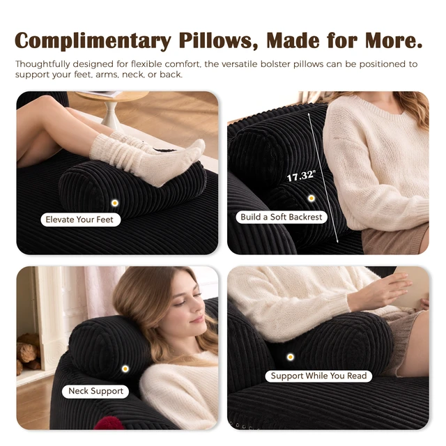 Alt view image 5 of 7 - Chaise Lounge Chair with 2 Neck Pillows, Curved Upholstered Accent Chair, Wide-Wale Corduroy Comfy Reading Chair, No Assembly Required, Modern Lounge Seating for Living Room, Bedroom & Apartment