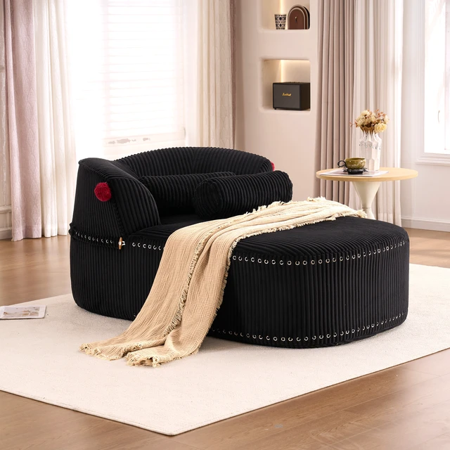 Alt view image 7 of 7 - Chaise Lounge Chair with 2 Neck Pillows, Curved Upholstered Accent Chair, Wide-Wale Corduroy Comfy Reading Chair, No Assembly Required, Modern Lounge Seating for Living Room, Bedroom & Apartment