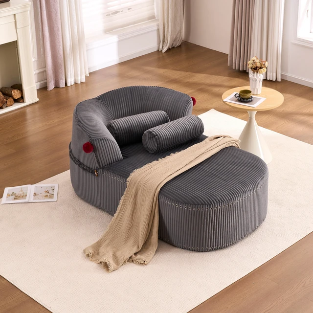 Main image of Chaise Lounge Chair with 2 Neck Pillows, Curved Upholstered Accent Chair, Wide-Wale Corduroy Comfy Reading Chair, No Assembly Required, Modern Lounge Seating for Living Room, Bedroom & Apartment