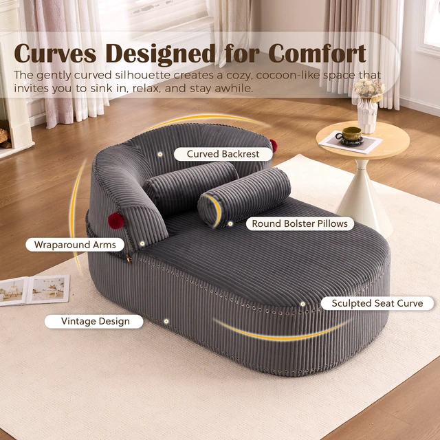 Alt view image 2 of 7 - Chaise Lounge Chair with 2 Neck Pillows, Curved Upholstered Accent Chair, Wide-Wale Corduroy Comfy Reading Chair, No Assembly Required, Modern Lounge Seating for Living Room, Bedroom & Apartment