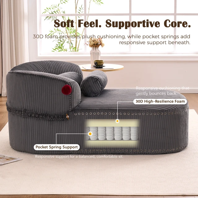 Alt view image 6 of 7 - Chaise Lounge Chair with 2 Neck Pillows, Curved Upholstered Accent Chair, Wide-Wale Corduroy Comfy Reading Chair, No Assembly Required, Modern Lounge Seating for Living Room, Bedroom & Apartment