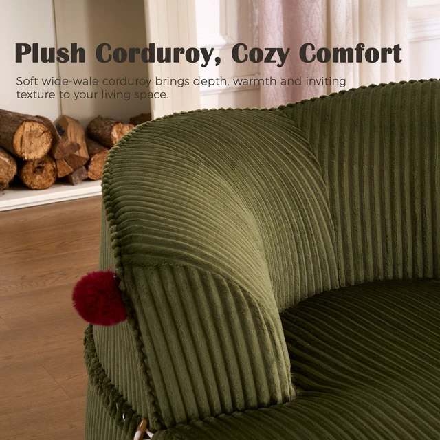 Alt view image 3 of 7 - Chaise Lounge Chair with 2 Neck Pillows, Curved Upholstered Accent Chair, Wide-Wale Corduroy Comfy Reading Chair, No Assembly Required, Modern Lounge Seating for Living Room, Bedroom & Apartment