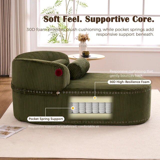 Alt view image 6 of 7 - Chaise Lounge Chair with 2 Neck Pillows, Curved Upholstered Accent Chair, Wide-Wale Corduroy Comfy Reading Chair, No Assembly Required, Modern Lounge Seating for Living Room, Bedroom & Apartment