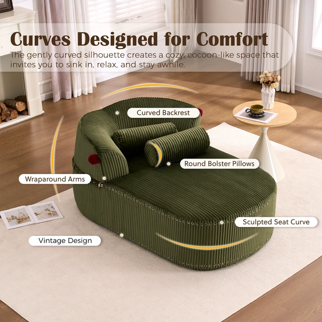 Alt view image 2 of 7 - Chaise Lounge Chair with 2 Neck Pillows, Curved Upholstered Accent Chair, Wide-Wale Corduroy Comfy Reading Chair, No Assembly Required, Modern Lounge Seating for Living Room, Bedroom & Apartment