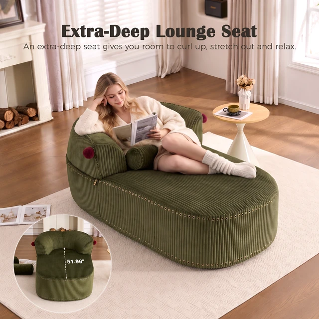 Alt view image 4 of 7 - Chaise Lounge Chair with 2 Neck Pillows, Curved Upholstered Accent Chair, Wide-Wale Corduroy Comfy Reading Chair, No Assembly Required, Modern Lounge Seating for Living Room, Bedroom & Apartment