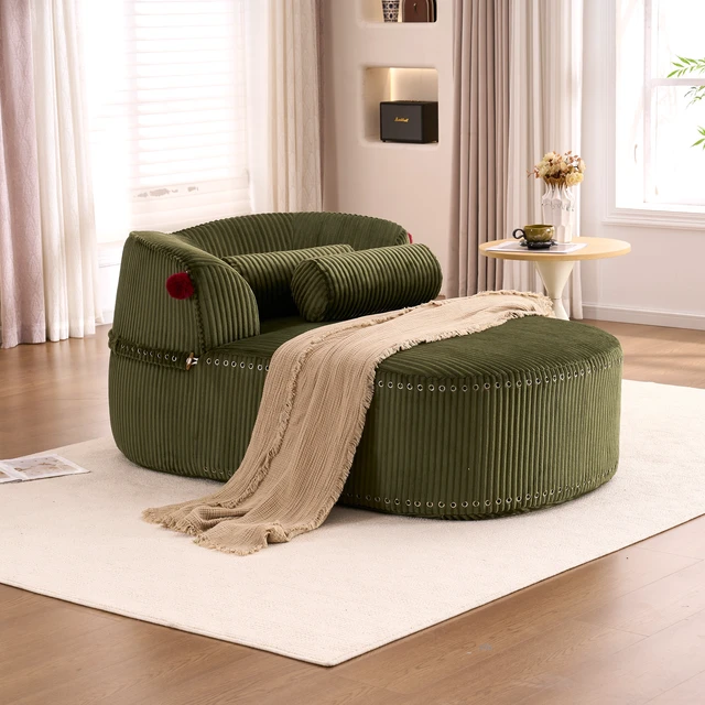 Alt view image 7 of 7 - Chaise Lounge Chair with 2 Neck Pillows, Curved Upholstered Accent Chair, Wide-Wale Corduroy Comfy Reading Chair, No Assembly Required, Modern Lounge Seating for Living Room, Bedroom & Apartment