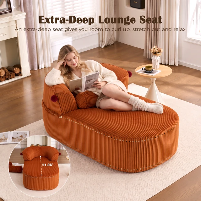 Alt view image 4 of 7 - Chaise Lounge Chair with 2 Neck Pillows, Curved Upholstered Accent Chair, Wide-Wale Corduroy Comfy Reading Chair, No Assembly Required, Modern Lounge Seating for Living Room, Bedroom & Apartment