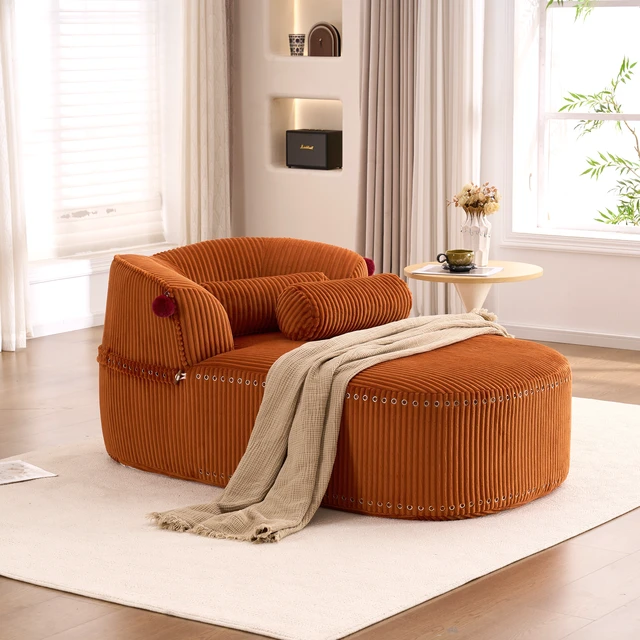 Alt view image 7 of 7 - Chaise Lounge Chair with 2 Neck Pillows, Curved Upholstered Accent Chair, Wide-Wale Corduroy Comfy Reading Chair, No Assembly Required, Modern Lounge Seating for Living Room, Bedroom & Apartment