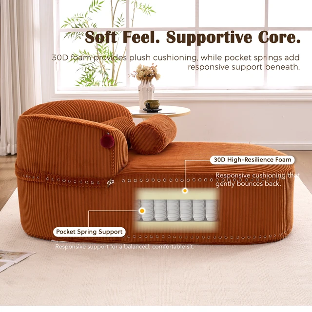Alt view image 6 of 7 - Chaise Lounge Chair with 2 Neck Pillows, Curved Upholstered Accent Chair, Wide-Wale Corduroy Comfy Reading Chair, No Assembly Required, Modern Lounge Seating for Living Room, Bedroom & Apartment