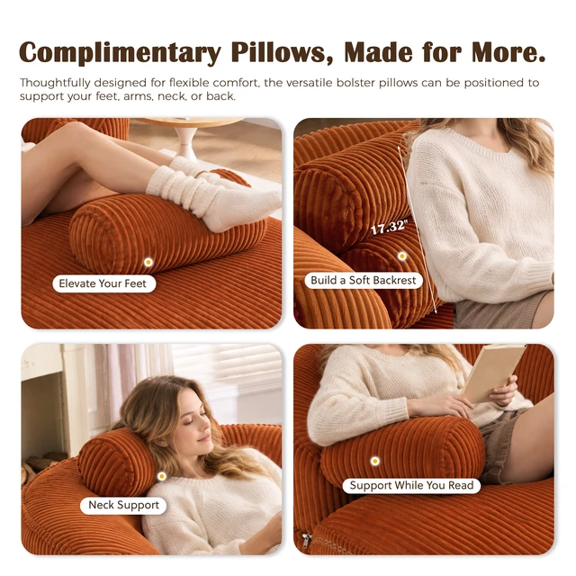 Alt view image 5 of 7 - Chaise Lounge Chair with 2 Neck Pillows, Curved Upholstered Accent Chair, Wide-Wale Corduroy Comfy Reading Chair, No Assembly Required, Modern Lounge Seating for Living Room, Bedroom & Apartment