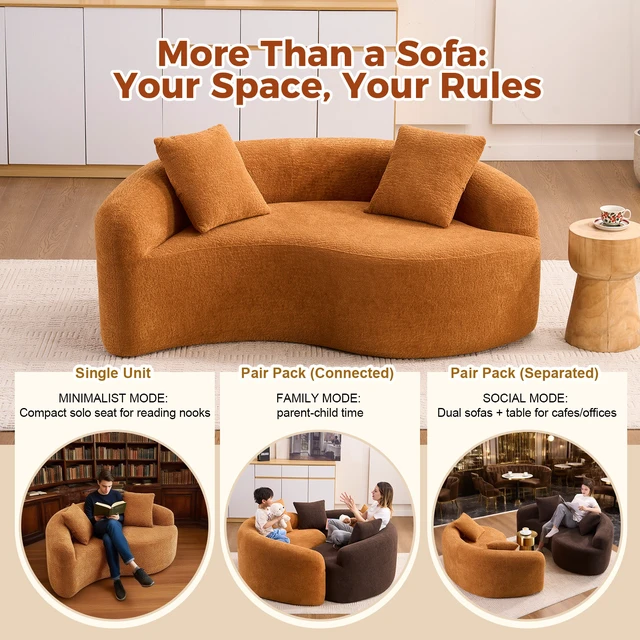 Alt view image 4 of 5 - LY-042 S-Curved Chenille Sectional Sofa: Dual-Depth (21.3" & 26.8"), Orange, No Assembly, Compact for Small Spaces, 400 lbs, 66.9" L