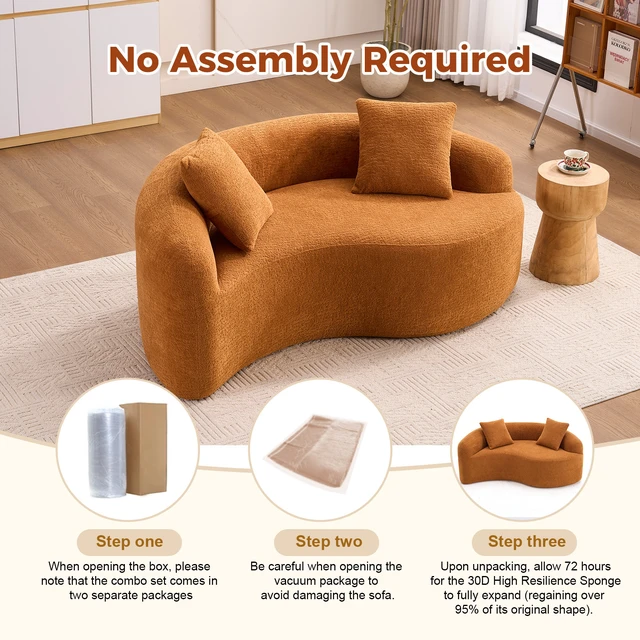 Alt view image 5 of 5 - LY-042 S-Curved Chenille Sectional Sofa: Dual-Depth (21.3" & 26.8"), Orange, No Assembly, Compact for Small Spaces, 400 lbs, 66.9" L