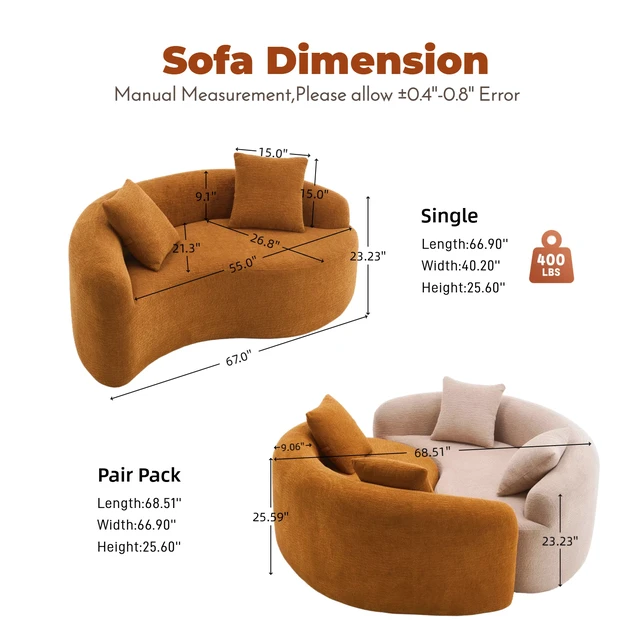 Alt view image 2 of 5 - LY-042 S-Curved Chenille Sectional Sofa: Dual-Depth (21.3" & 26.8"), Orange, No Assembly, Compact for Small Spaces, 400 lbs, 66.9" L