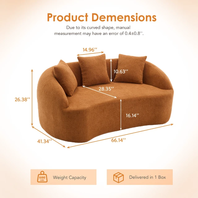 Alt view image 7 of 7 - LY-049S Curved Modern Boneless Sofa Loveseat, Backrest Upgrade, 2-Seater Orange Chenille Compression Couch with 3 Pillows, Minimalist Modular Couches for Living Room, Office, Apartment, Guest Room