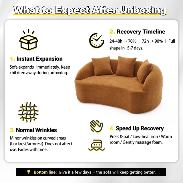 Alt view image 6 of 7 - LY-049S Curved Modern Boneless Sofa Loveseat, Backrest Upgrade, 2-Seater Orange Chenille Compression Couch with 3 Pillows, Minimalist Modular Couches for Living Room, Office, Apartment, Guest Room