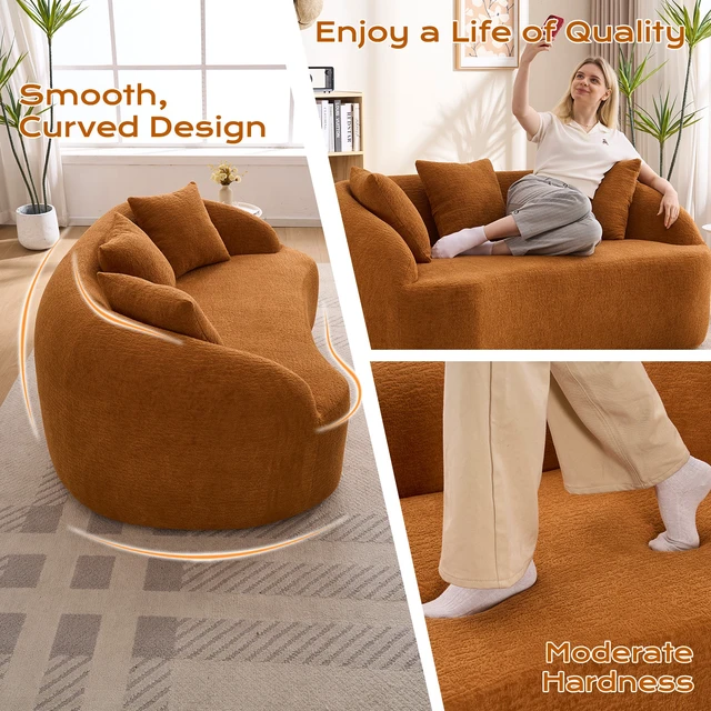 Alt view image 2 of 7 - LY-049S Curved Modern Boneless Sofa Loveseat, Backrest Upgrade, 2-Seater Orange Chenille Compression Couch with 3 Pillows, Minimalist Modular Couches for Living Room, Office, Apartment, Guest Room