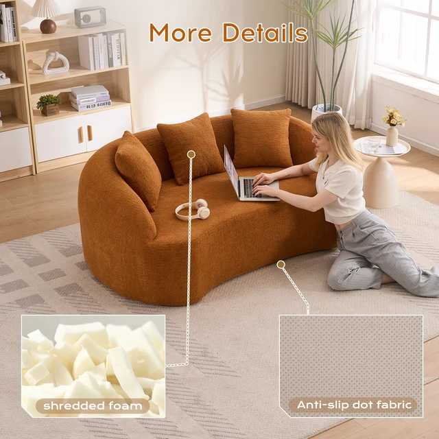 Alt view image 4 of 7 - LY-049S Curved Modern Boneless Sofa Loveseat, Backrest Upgrade, 2-Seater Orange Chenille Compression Couch with 3 Pillows, Minimalist Modular Couches for Living Room, Office, Apartment, Guest Room