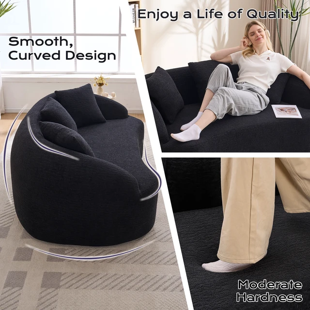 Alt view image 2 of 7 - LY-049S Curved Modern Boneless Sofa Loveseat, Backrest Upgrade, 2-Seater Black Chenille Compression Couch with 3 Pillows, Minimalist Modular Couches for Living Room, Office, Apartment, Guest Room