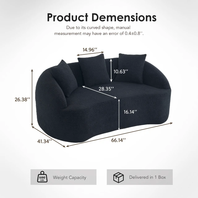 Alt view image 7 of 7 - LY-049S Curved Modern Boneless Sofa Loveseat, Backrest Upgrade, 2-Seater Black Chenille Compression Couch with 3 Pillows, Minimalist Modular Couches for Living Room, Office, Apartment, Guest Room