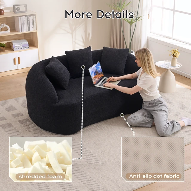 Alt view image 6 of 7 - LY-049S Curved Modern Boneless Sofa Loveseat, Backrest Upgrade, 2-Seater Black Chenille Compression Couch with 3 Pillows, Minimalist Modular Couches for Living Room, Office, Apartment, Guest Room