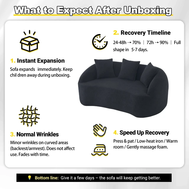 Alt view image 5 of 7 - LY-049S Curved Modern Boneless Sofa Loveseat, Backrest Upgrade, 2-Seater Black Chenille Compression Couch with 3 Pillows, Minimalist Modular Couches for Living Room, Office, Apartment, Guest Room