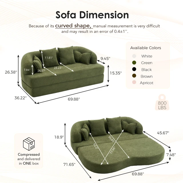 Alt view image 2 of 7 - (Old sku: W2231P392102) 2-in-1 Foldable Sofa Bed,70 Inch Folding Boneless Couch Convertible Compressed Sleeper Sofabed, 4 Pillows for Living Room Apartment,Green