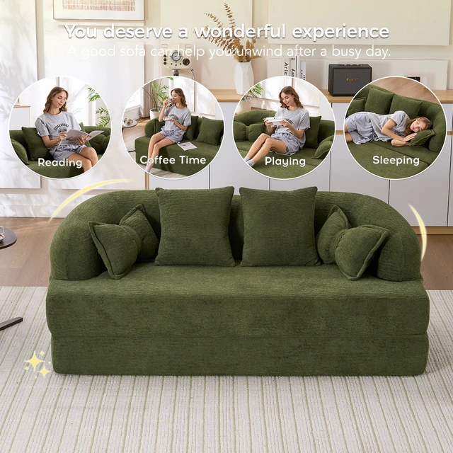 Alt view image 3 of 7 - (Old sku: W2231P392102) 2-in-1 Foldable Sofa Bed,70 Inch Folding Boneless Couch Convertible Compressed Sleeper Sofabed, 4 Pillows for Living Room Apartment,Green