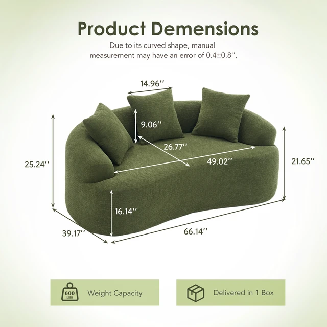 Alt view image 2 of 5 - (Old Sku:W2231P292604) Compression Loveseat Sofa, Curved Modern Styles Sofa for Small Spaces & Apartments, 30D Chenille No-Assembly,3 Throw Pillows. Green.