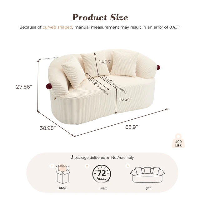 Alt view image 2 of 7 - 68.9'' Curved boneless Loveseat Sofa for Living Room, Vintage Couch Corduroy Sofa for Small Spaces, Apartment, Free Pet Mat, No Assembly, 3 Pillows, Off-White.