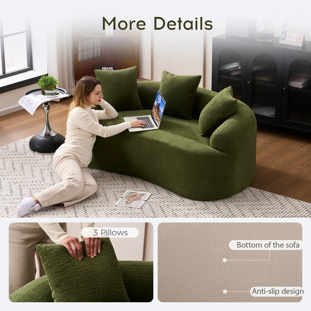 Alt view image 5 of 5 - (Old Sku:W2231P292604) Compression Loveseat Sofa, Curved Modern Styles Sofa for Small Spaces & Apartments, 30D Chenille No-Assembly,3 Throw Pillows. Green.