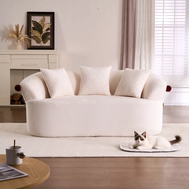 Alt view image 3 of 7 - 68.9'' Curved boneless Loveseat Sofa for Living Room, Vintage Couch Corduroy Sofa for Small Spaces, Apartment, Free Pet Mat, No Assembly, 3 Pillows, Off-White.