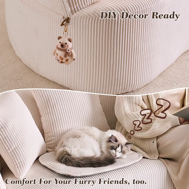Alt view image 7 of 7 - 68.9'' Curved boneless Loveseat Sofa for Living Room, Vintage Couch Corduroy Sofa for Small Spaces, Apartment, Free Pet Mat, No Assembly, 3 Pillows, Off-White.