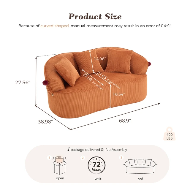 Alt view image 2 of 7 - 68.9'' Curved boneless Loveseat Sofa for Living Room, Vintage Couch Corduroy Sofa for Small Spaces, Apartment, Free Pet Mat, No Assembly, 3 Pillows, Orange.
