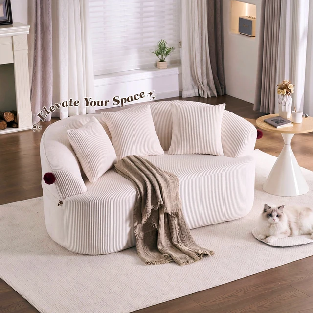 Alt view image 6 of 7 - 68.9'' Curved boneless Loveseat Sofa for Living Room, Vintage Couch Corduroy Sofa for Small Spaces, Apartment, Free Pet Mat, No Assembly, 3 Pillows, Off-White.