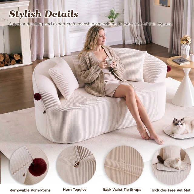 Alt view image 5 of 7 - 68.9'' Curved boneless Loveseat Sofa for Living Room, Vintage Couch Corduroy Sofa for Small Spaces, Apartment, Free Pet Mat, No Assembly, 3 Pillows, Off-White.