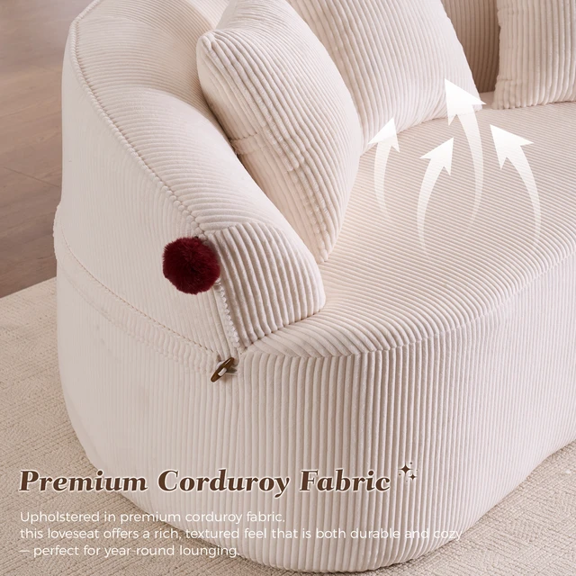 Alt view image 4 of 7 - 68.9'' Curved boneless Loveseat Sofa for Living Room, Vintage Couch Corduroy Sofa for Small Spaces, Apartment, Free Pet Mat, No Assembly, 3 Pillows, Off-White.