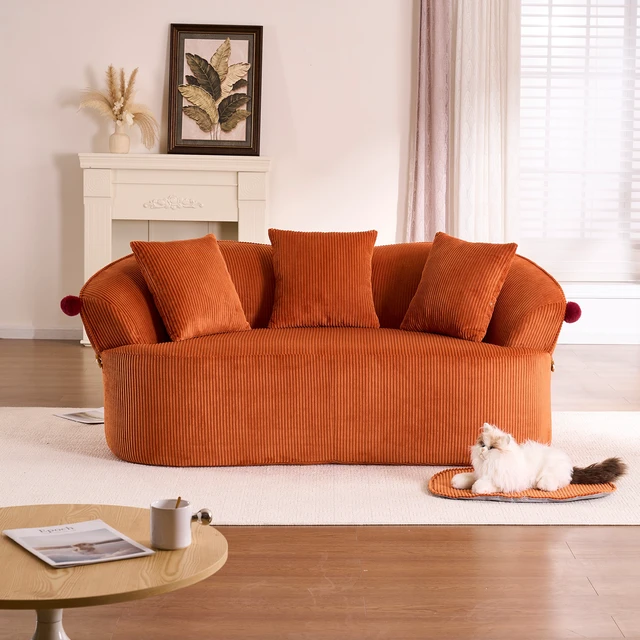 Alt view image 3 of 7 - 68.9'' Curved boneless Loveseat Sofa for Living Room, Vintage Couch Corduroy Sofa for Small Spaces, Apartment, Free Pet Mat, No Assembly, 3 Pillows, Orange.