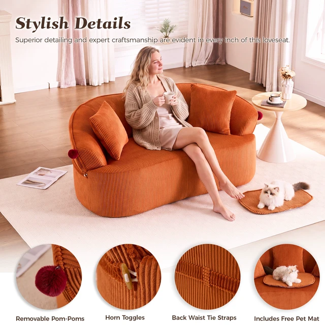 Alt view image 5 of 7 - 68.9'' Curved boneless Loveseat Sofa for Living Room, Vintage Couch Corduroy Sofa for Small Spaces, Apartment, Free Pet Mat, No Assembly, 3 Pillows, Orange.