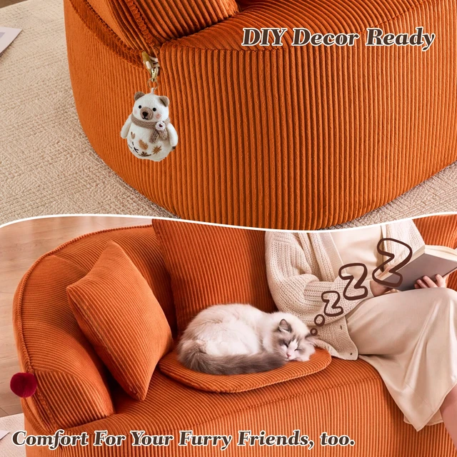 Alt view image 6 of 7 - 68.9'' Curved boneless Loveseat Sofa for Living Room, Vintage Couch Corduroy Sofa for Small Spaces, Apartment, Free Pet Mat, No Assembly, 3 Pillows, Orange.