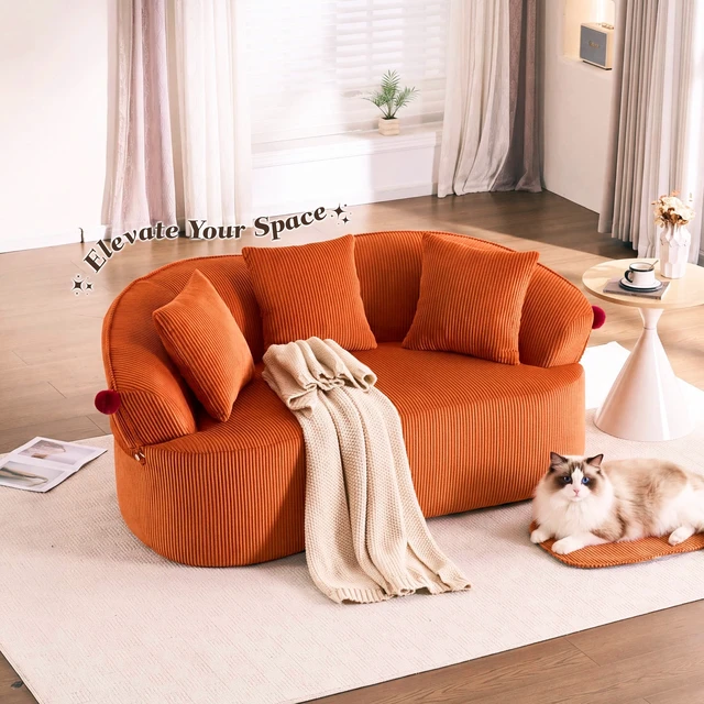 Alt view image 7 of 7 - 68.9'' Curved boneless Loveseat Sofa for Living Room, Vintage Couch Corduroy Sofa for Small Spaces, Apartment, Free Pet Mat, No Assembly, 3 Pillows, Orange.
