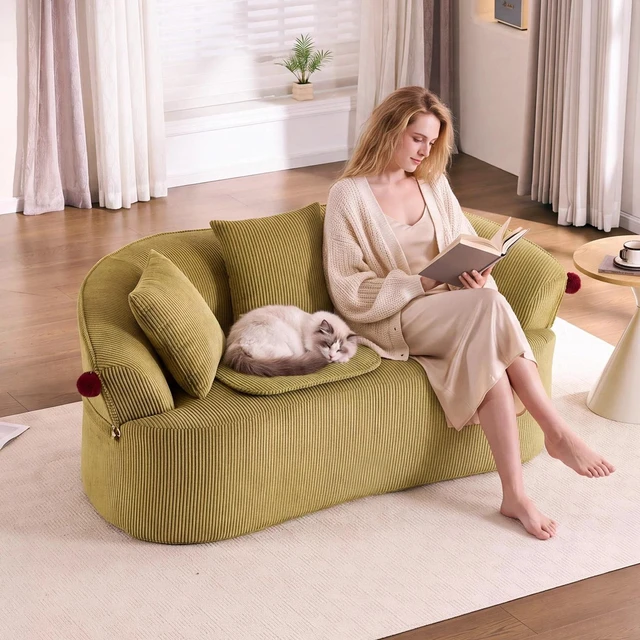 Main image of 68.9'' Curved boneless Loveseat Sofa for Living Room, Vintage Couch Corduroy Sofa for Small Spaces, Apartment, Free Pet Mat, No Assembly, 3 Pillows, Mustard Green