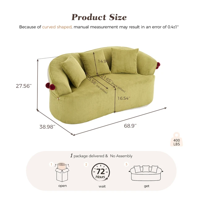 Alt view image 2 of 7 - 68.9'' Curved boneless Loveseat Sofa for Living Room, Vintage Couch Corduroy Sofa for Small Spaces, Apartment, Free Pet Mat, No Assembly, 3 Pillows, Mustard Green