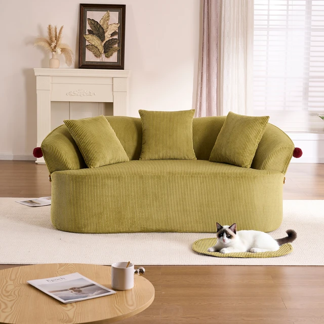 Alt view image 3 of 7 - 68.9'' Curved boneless Loveseat Sofa for Living Room, Vintage Couch Corduroy Sofa for Small Spaces, Apartment, Free Pet Mat, No Assembly, 3 Pillows, Mustard Green