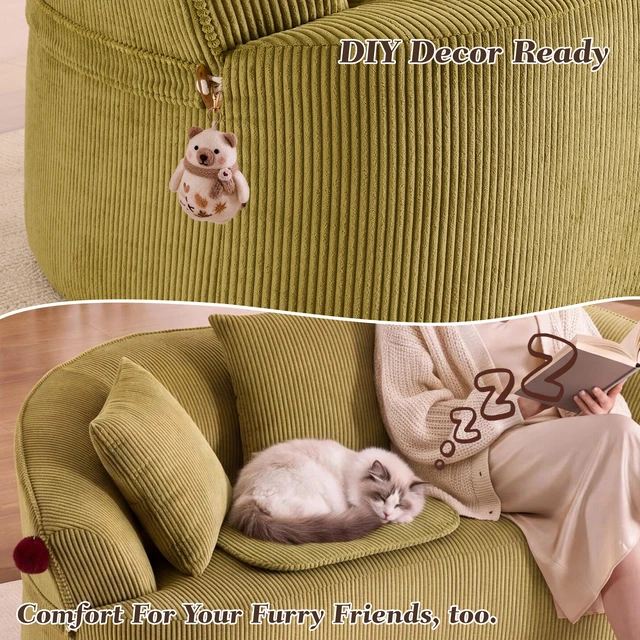 Alt view image 6 of 7 - 68.9'' Curved boneless Loveseat Sofa for Living Room, Vintage Couch Corduroy Sofa for Small Spaces, Apartment, Free Pet Mat, No Assembly, 3 Pillows, Mustard Green