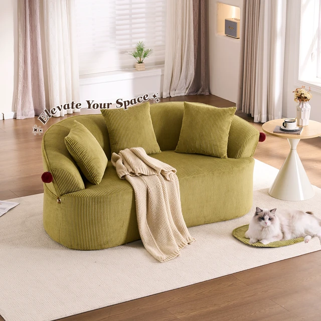 Alt view image 7 of 7 - 68.9'' Curved boneless Loveseat Sofa for Living Room, Vintage Couch Corduroy Sofa for Small Spaces, Apartment, Free Pet Mat, No Assembly, 3 Pillows, Mustard Green